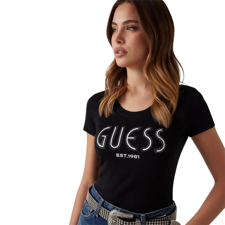 T-shirt manica corta da donna logo strass Guess | W5YI05/J1314JBLK