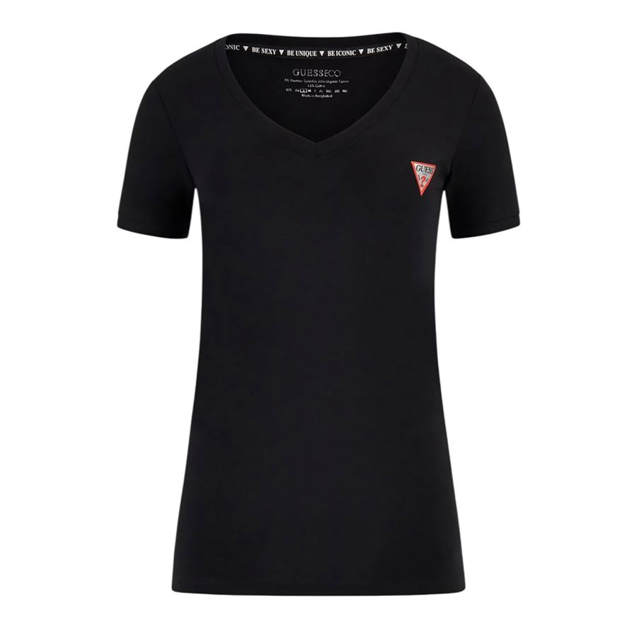 T-shirtmanica corta da donna stretchcon collo a v e logo triangolo piccolo Guess | W2YI45/J1314JBLK